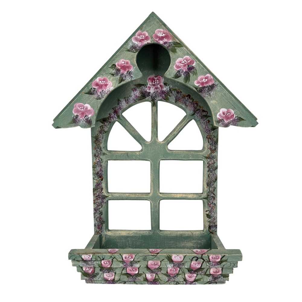 Wooden Wall Decor Bin Hand Painted Floral Wood Green Cottagecore Folk Art